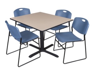 Cain 48" Square Breakroom Table - Beige & 4 Zeng Stack Chairs - Blue