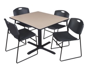 Cain 48" Square Breakroom Table - Beige & 4 Zeng Stack Chairs - Black