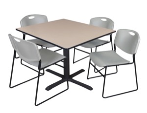 Cain 48" Square Breakroom Table - Beige & 4 Zeng Stack Chairs - Grey