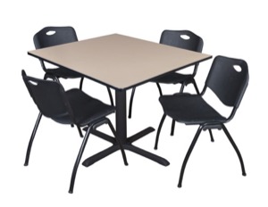 Cain 48" Square Breakroom Table - Beige & 4 'M' Stack Chairs - Black