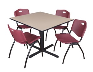 Cain 48" Square Breakroom Table - Beige & 4 'M' Stack Chairs - Burgundy
