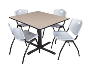 Cain 48" Square Breakroom Table - Beige & 4 'M' Stack Chairs - Grey