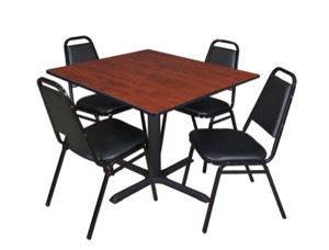 Cain 48" Square Breakroom Table - Cherry & 4 Restaurant Stack Chairs - Black
