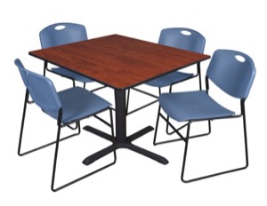 Cain 48" Square Breakroom Table - Cherry & 4 Zeng Stack Chairs - Blue