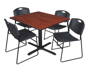 Cain 48" Square Breakroom Table - Cherry & 4 Zeng Stack Chairs - Black