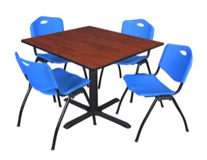 Cain 48" Square Breakroom Table - Cherry & 4 'M' Stack Chairs - Blue