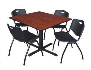 Cain 48" Square Breakroom Table - Cherry & 4 'M' Stack Chairs - Black