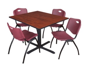 Cain 48" Square Breakroom Table - Cherry & 4 'M' Stack Chairs - Burgundy