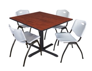 Cain 48" Square Breakroom Table - Cherry & 4 'M' Stack Chairs - Grey