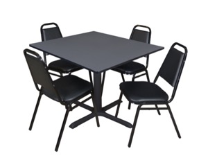 Cain 48" Square Breakroom Table - Grey & 4 Restaurant Stack Chairs - Black
