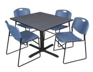 Cain 48" Square Breakroom Table - Grey & 4 Zeng Stack Chairs - Blue