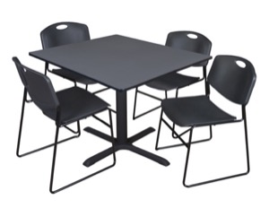 Cain 48" Square Breakroom Table - Grey & 4 Zeng Stack Chairs - Black