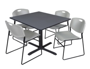 Cain 48" Square Breakroom Table - Grey & 4 Zeng Stack Chairs - Grey