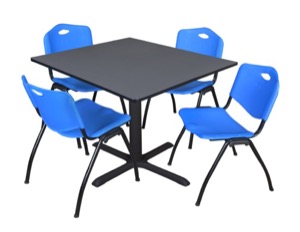 Cain 48" Square Breakroom Table - Grey & 4 'M' Stack Chairs - Blue