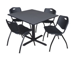 Cain 48" Square Breakroom Table - Grey & 4 'M' Stack Chairs - Black