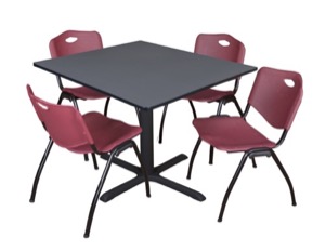 Cain 48" Square Breakroom Table - Grey & 4 'M' Stack Chairs - Burgundy