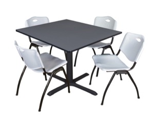 Cain 48" Square Breakroom Table - Grey & 4 'M' Stack Chairs - Grey