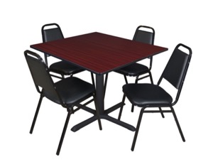 Cain 48" Square Breakroom Table - Mahogany & 4 Restaurant Stack Chairs - Black