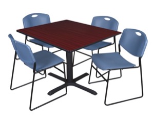 Cain 48" Square Breakroom Table - Mahogany & 4 Zeng Stack Chairs - Blue