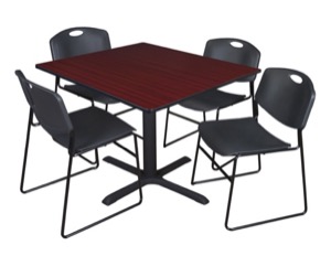 Cain 48" Square Breakroom Table - Mahogany & 4 Zeng Stack Chairs - Black