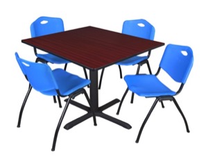 Cain 48" Square Breakroom Table - Mahogany & 4 'M' Stack Chairs - Blue