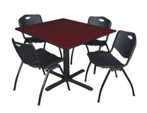 Cain 48" Square Breakroom Table - Mahogany & 4 'M' Stack Chairs - Black