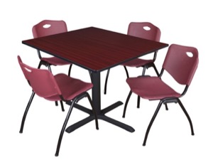 Cain 48" Square Breakroom Table - Mahogany & 4 'M' Stack Chairs - Burgundy