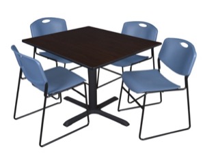 Cain 48" Square Breakroom Table - Mocha Walnut & 4 Zeng Stack Chairs - Blue