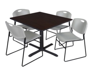 Cain 48" Square Breakroom Table - Mocha Walnut & 4 Zeng Stack Chairs - Grey