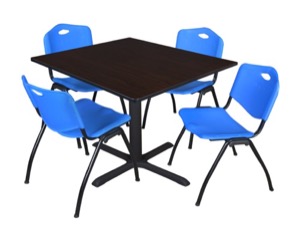 Cain 48" Square Breakroom Table - Mocha Walnut & 4 'M' Stack Chairs - Blue