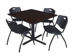 Cain 48" Square Breakroom Table - Mocha Walnut & 4 'M' Stack Chairs - Black