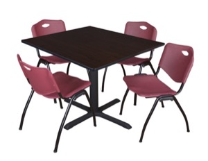 Cain 48" Square Breakroom Table - Mocha Walnut & 4 'M' Stack Chairs - Burgundy
