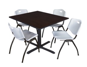 Cain 48" Square Breakroom Table - Mocha Walnut & 4 'M' Stack Chairs - Grey