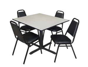 Cain 48" Square Breakroom Table - Maple & 4 Restaurant Stack Chairs - Black