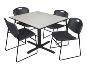 Cain 48" Square Breakroom Table - Maple & 4 Zeng Stack Chairs - Black