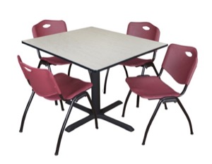 Cain 48" Square Breakroom Table - Maple & 4 'M' Stack Chairs - Burgundy