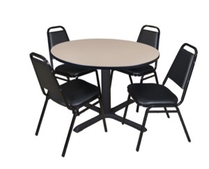 Cain 48" Round Breakroom Table - Beige & 4 Restaurant Stack Chairs - Black