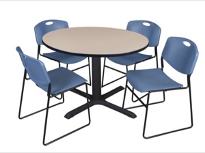 Cain 48" Round Breakroom Table - Beige & 4 Zeng Stack Chairs - Blue