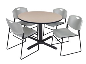 Cain 48" Round Breakroom Table - Beige & 4 Zeng Stack Chairs - Grey