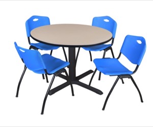 Cain 48" Round Breakroom Table - Beige & 4 'M' Stack Chairs - Blue