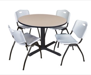 Cain 48" Round Breakroom Table - Beige & 4 'M' Stack Chairs - Grey