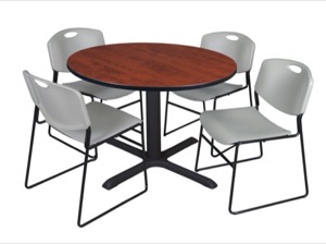 Cain 48" Round Breakroom Table - Cherry & 4 Zeng Stack Chairs - Grey
