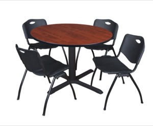 Cain 48" Round Breakroom Table - Cherry & 4 'M' Stack Chairs - Black
