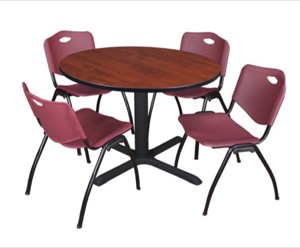 Cain 48" Round Breakroom Table - Cherry & 4 'M' Stack Chairs - Burgundy