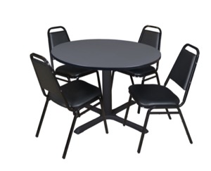 Cain 48" Round Breakroom Table - Grey & 4 Restaurant Stack Chairs - Black