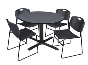 Cain 48" Round Breakroom Table - Grey & 4 Zeng Stack Chairs - Black