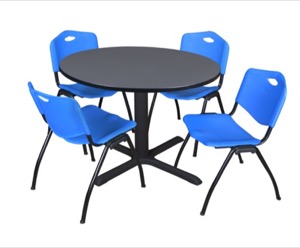 Cain 48" Round Breakroom Table - Grey & 4 'M' Stack Chairs - Blue