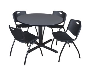 Cain 48" Round Breakroom Table - Grey & 4 'M' Stack Chairs - Black