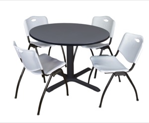 Cain 48" Round Breakroom Table - Grey & 4 'M' Stack Chairs - Grey
