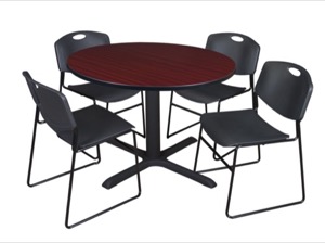 Cain 48" Round Breakroom Table - Mahogany & 4 Zeng Stack Chairs - Black